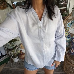 Garnet Hill Linen Tunic Light Blue Sz 14 Coastal Grandma Aesthetic Luxury Shirt